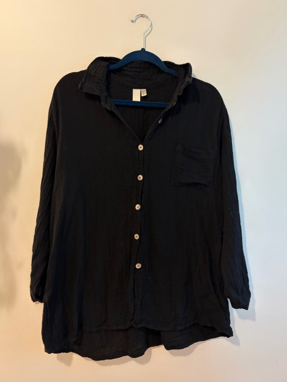 100% Cotton Gauze Black Lightweight Button-Up Shirt